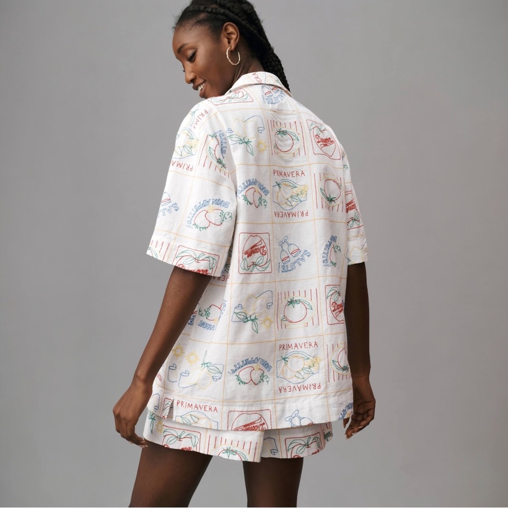 Damson Madder Buon Appetito Embroidered Camp Shirt Fun Art to Wear